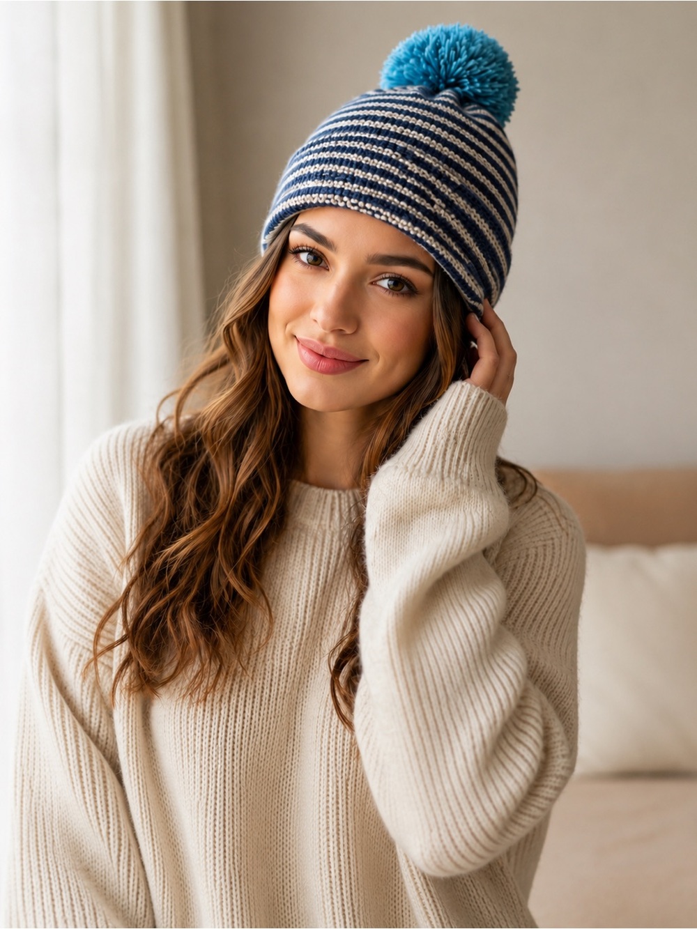 YARGICI Navy & Cream Striped Knit Beanie with Teal Pom Pom